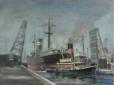 British India Nuddea being towed into KGV Dock, Oil on Canvas, 18" x 24" (c) Vernon Rowe